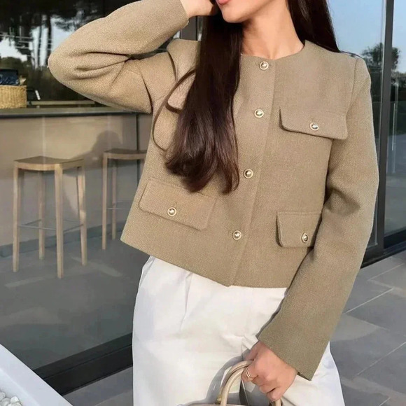 Khaki Casual Women's Tweed Jacket Round Neckline Decorated Long Sleeves Coat - Picture 5 of 8